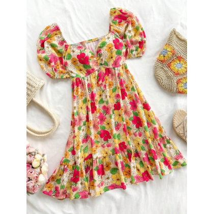 فستان نسائي قصير بتصميم رسوم زهور للنساء