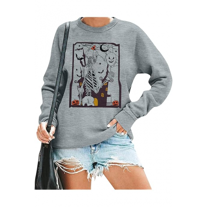 تيشيرت بأكمام طويلة بتصميم طبعة جرافيك للنساء لون رمادي