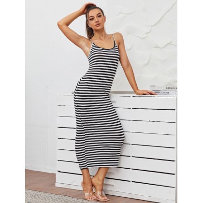 فستان قصة ضيقة بلا أكمام للنساء مخطط ابيض واسود