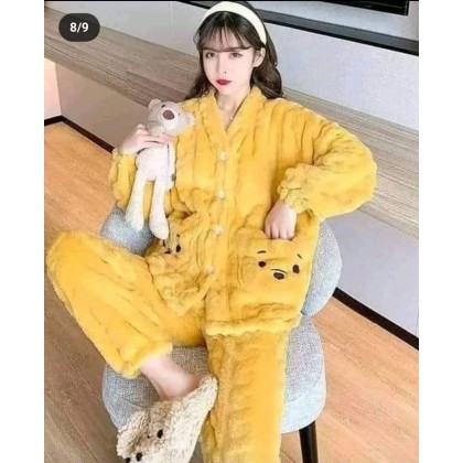 بجامة فرو قطعتين للنساء لون أصفر