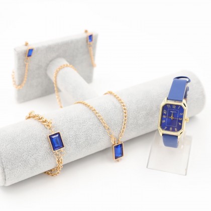 بكج ساعة جلد لون أزرق للنساء مع 3 قطع إكسسوارات