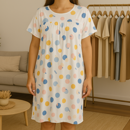 فستان بيتي صيفي للنساء لون أزرق فاتح يتصميم دوائر ملونة