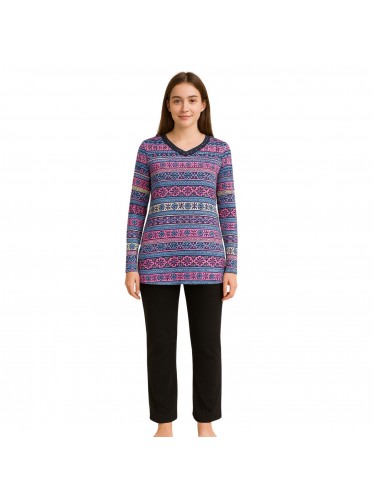 بجامة بأكمام طويلة بتصميم نقشة مغربية للنساء لون زهري غامق وأسود