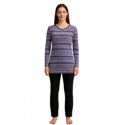 بجامة بأكمام طويلة بتصميم نقشة مغربية للنساء لون بنفسجي وأسود