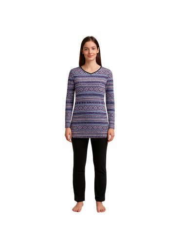 بجامة بأكمام طويلة بتصميم نقشة مغربية للنساء لون بنفسجي وأسود