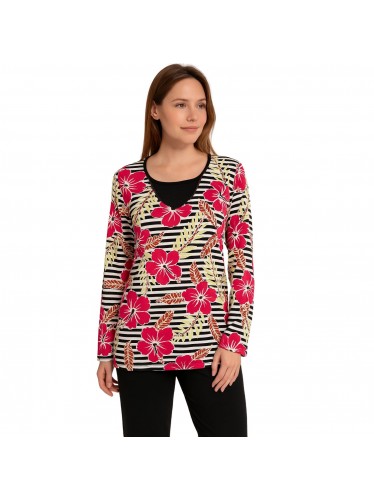 بجامة بأكمام طويلة بتصميم نقشة مغربية ورد مخطط عرضي لون زهري وأسود