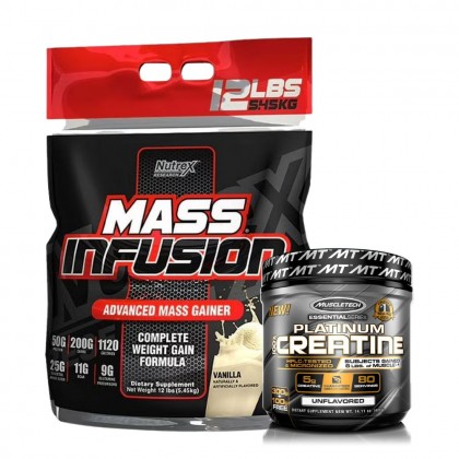 Nutrex Research Mass Infusion 5.45Kg Vanilla Flavor + Muscletech Platinum 100% Creatine 300G + هدية كاسة