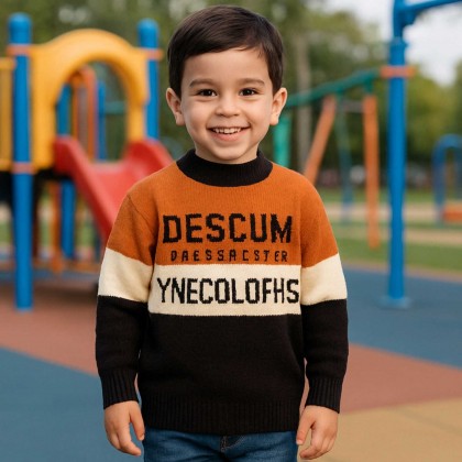 بلوزة صوف للأطفال لون بني و أبيض وأسود