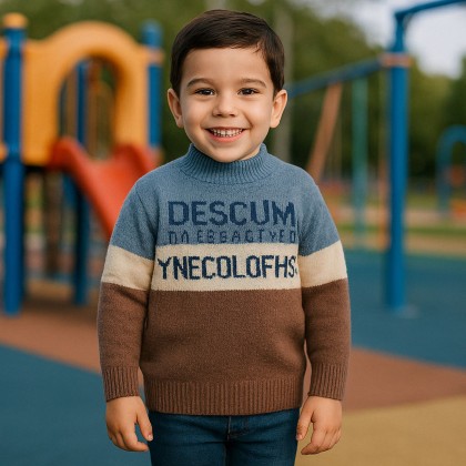 بلوزة صوف للأطقال لون أزرق فاتح وبني