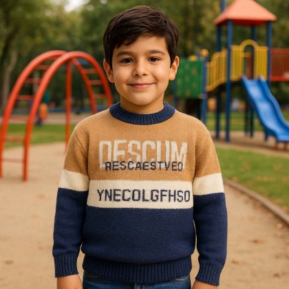 بلوزة صوف للأطقال لون بيج وكحلي