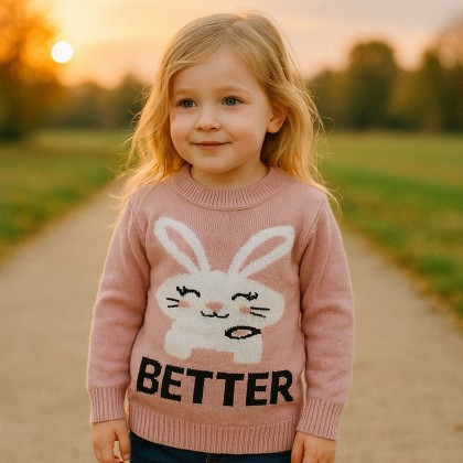 بلوزة ربيعية للأطفال لون زهري بارد بتصميم أرنب