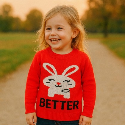 بلوزة ربيعية للأطفال لون أحمر بتصميم أرنب