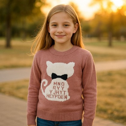 بلوزة ربيعية للأطفال لون نود بتصميم قطة