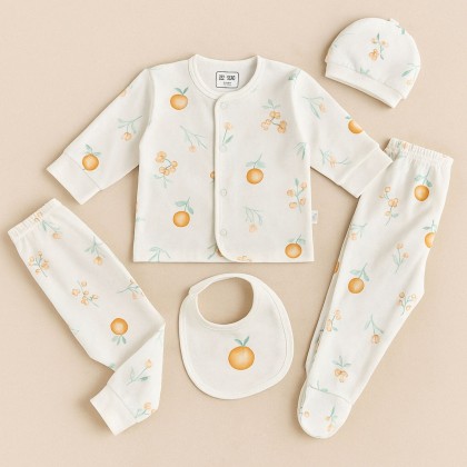 طقم حديثي الولادة 5 قطع لون أبيض بتصميم حبة برتقال