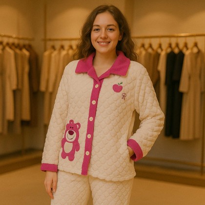 بجامة فرو لون بيج وفوشي