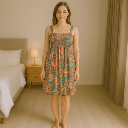 فستان صيفي للنساء لون بيج و أخضر مورد