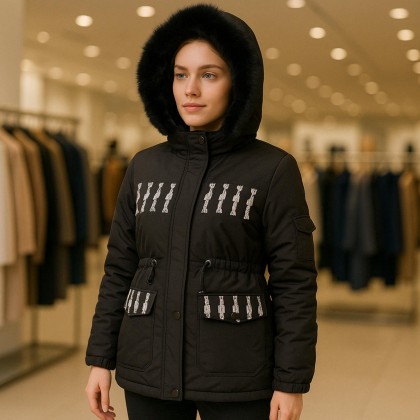 سترة بناتية مبطنة مع طاقية لون أسود