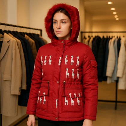 سترة بناتية مبطنة مع طاقية لون أحمر