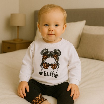 طقم بلوزة وبنطلون للأطفال لون ابيض وأسود