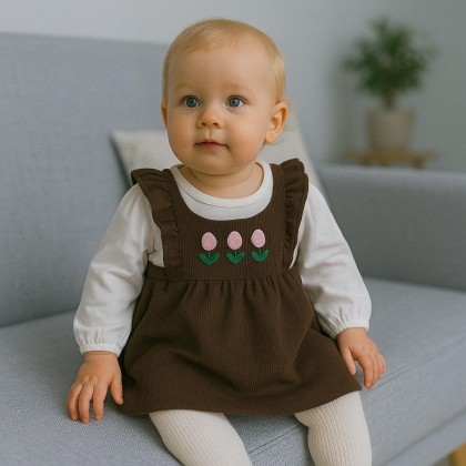 فستان للأطفال لون بني وأبيض