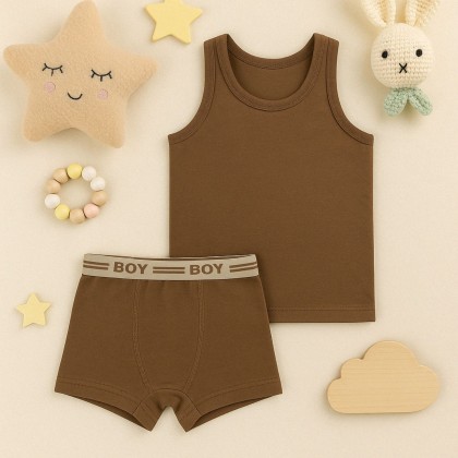 طقم داخلي ولادي قطعتين شباح وبوكسر للأطفال لون بيج
