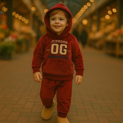 بجامة بأكمام طويلة وطاقية (قطعتين) للأطفال لون خمري وكحلي