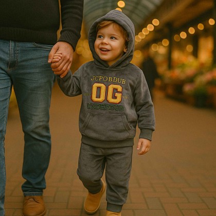 بجامة بأكمام طويلة وطاقية (قطعتين) للأطفال لون رمادي