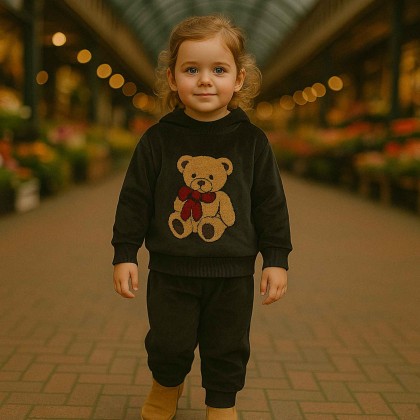 بجامة بتصميم رسوم الدب (قطعتين) للأطفال لون اسود