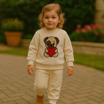 بجامة بتصميم رسوم الدب (قطعتين) للأطفال لون بيج