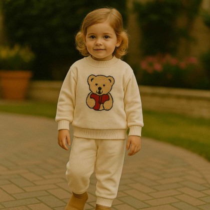بجامة بتصميم رسوم الدب (قطعتين) للأطفال لون بيج