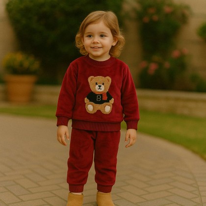 بجامة بتصميم رسوم الدب (قطعتين) للأطفال لون خمري