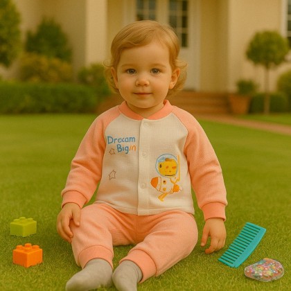 بجامة (قطعتين) للأطفال لون برتقالي وأبيض