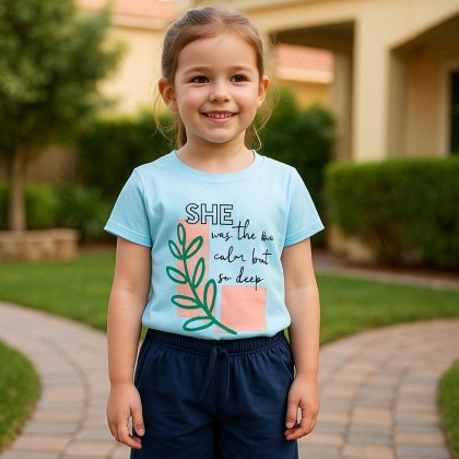 طقم قطعتين تيشيرت وشورت للأطفال لون أزرق فاتح وكحلي