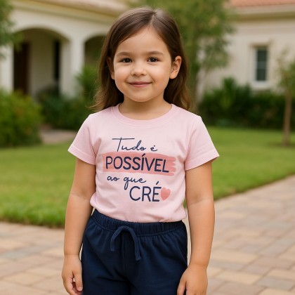 طقم قطعتين تيشيرت وشورت للأطفال لون زهري وكحلي