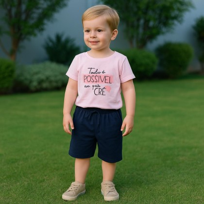 طقم قطعتين تيشيرت وشورت للأطفال لون زهري وكحلي