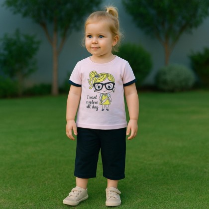 طقم قطعتين تيشيرت وشورت للأطفال لون زهري وكحلي