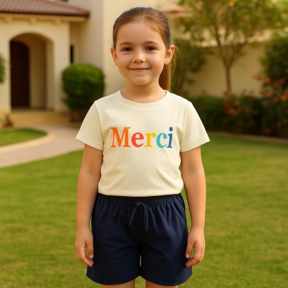 طقم قطعتين تيشيرت وشورت للأطفال لون أصفر بارد وكحلي