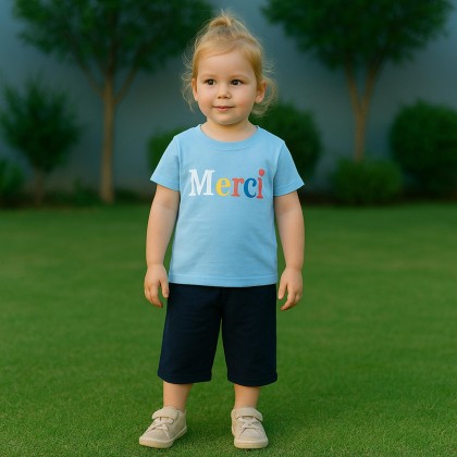 طقم قطعتين تيشيرت وشورت للأطفال لون أزرق فاتح وكحلي