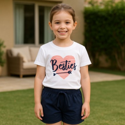 طقم قطعتين تيشيرت وشورت للأطفال لون أبيض وكحلي