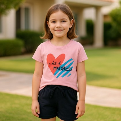 طقم قطعتين تيشيرت وشورت للأطفال لون زهري وكحلي