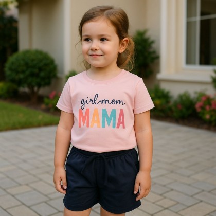 طقم قطعتين تيشيرت وشورت للأطفال لون زهري وكحلي