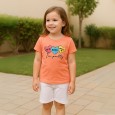 طقم قطعتين تيشيرت وشورت للأطفال لون زهري وبنفسجي فاتح