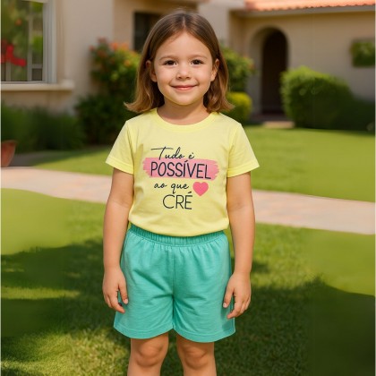 طقم قطعتين تيشيرت وشورت للأطفال لون أصفر وأخضر