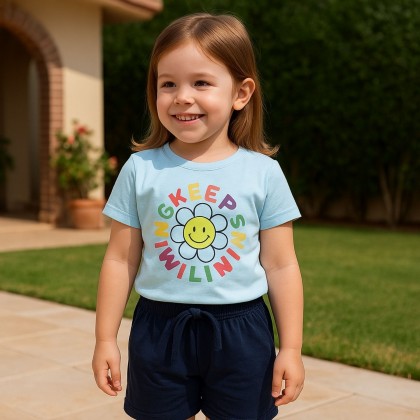 طقم قطعتين تيشيرت وشورت للأطفال لون أزرق وكحلي