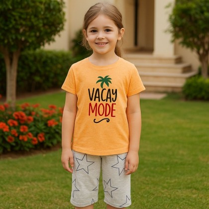 بيجامة صيفية بناتية لون برتقالي وسكني فاتح