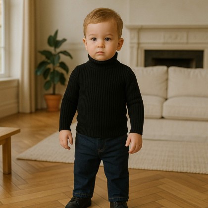 بلوزة صوف قبة عالية للأطفال لون اسود