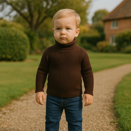 بلوزة صوف قبة عالية للأطفال لون بني