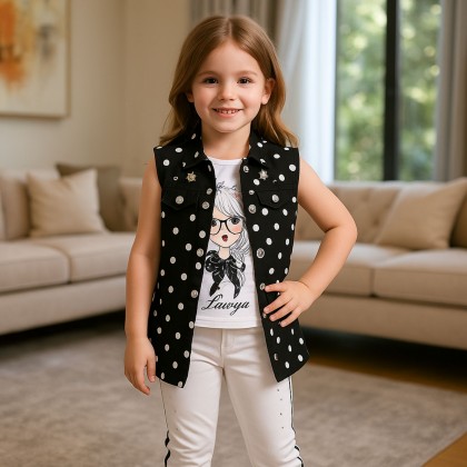 طقم 3 قطع (فيست وبنطلون وتيشيرت حفر) بناتي لون أسود