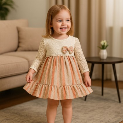 فستان بناتي بأكمام طويلة للأطفال لون أوف وايت وبيج