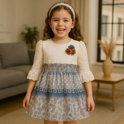 فستان بناتي بأكمام طويلة للأطفال لون أوف وأزرق